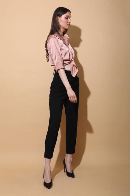 Torqadorn_Pink Satin Straight Collar Front Tie Up Shirt_Online_at_Aza_Fashions