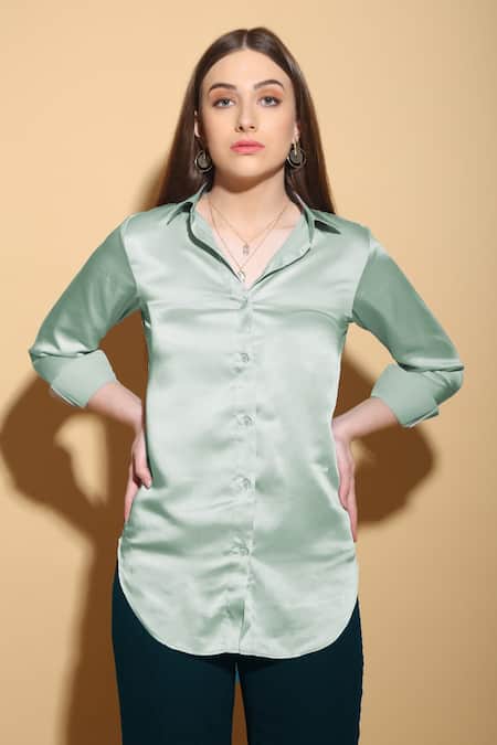 Buy Blue Satin Straight Collar Shirt For Women by TORQADORN Online at ...