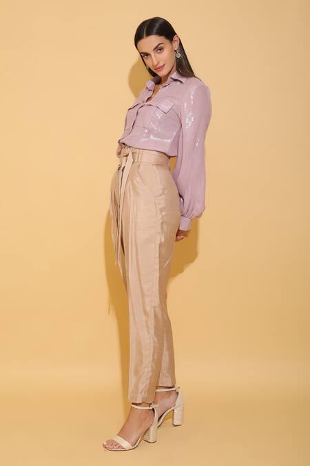 Buy_Torqadorn_Purple Georgette Embroidered Sequin Work Straight Collar Shirt_Online_at_Aza_Fashions