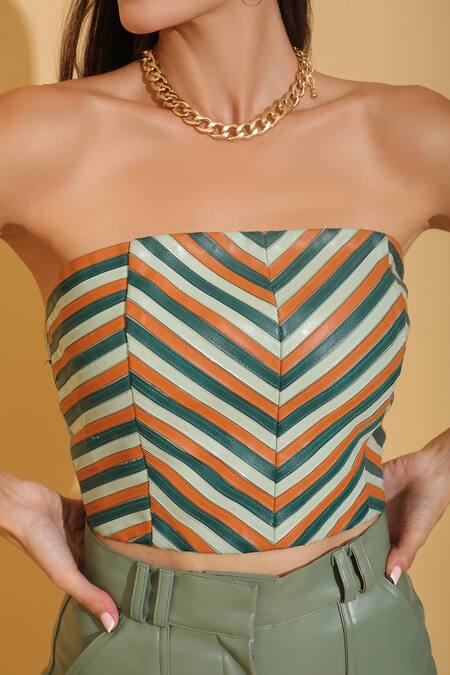 Buy_Torqadorn_Green Faux Leather Chevron Straight Across Tube Top