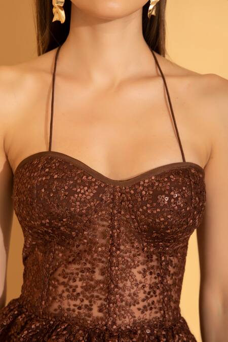 Buy Torqadorn Brown Net Floral Sweetheart Neck Embroidered Dress Online at Aza Fashions Buy_Torqadorn_Brown Net Floral Sweetheart Neck Embroidered Dress _Online_at_Aza_Fashions