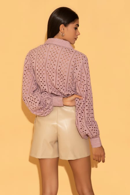 Torqadorn Purple Cotton Floral, Schiffli Shirt Collar Online at Aza Fashions Torqadorn_Purple Cotton Floral, Schiffli Shirt Collar _Online_at_Aza_Fashions