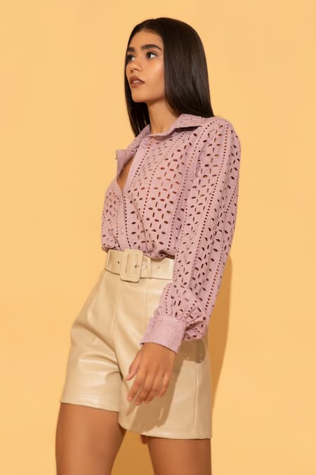 Buy Torqadorn Purple Cotton Floral, Schiffli Shirt Collar Online at Aza Fashions Buy_Torqadorn_Purple Cotton Floral, Schiffli Shirt Collar _Online_at_Aza_Fashions