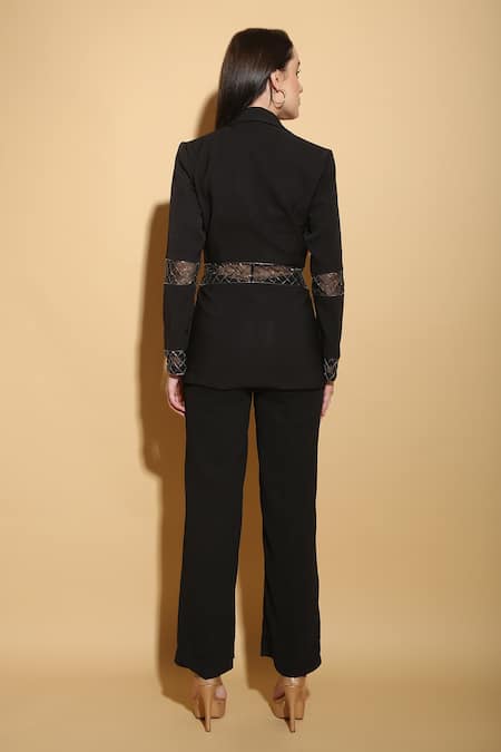 Shop_Torqadorn_Black Crepe Cutdana Lapel Collar Embroidered Blazer And Pant Set _at_Aza_Fashions