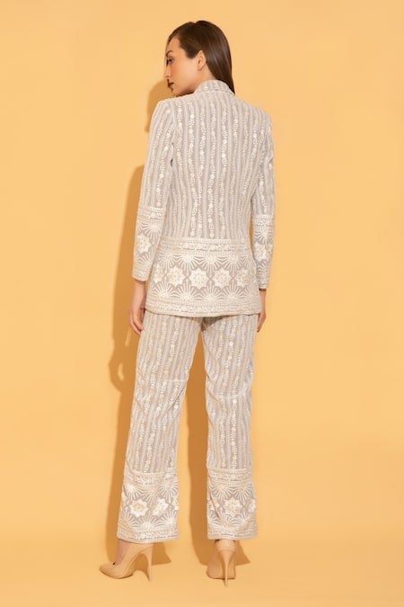 TORQADORN_Grey Chikankari Chikankari, Floral Cape Open, Crop Top V Blazer And Pant Set _Online_at_Aza_Fashions
