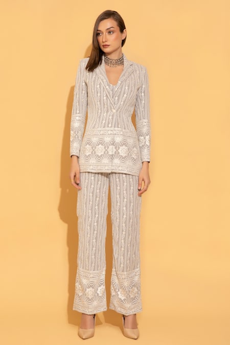 Buy_TORQADORN_Grey Chikankari Chikankari, Floral Cape Open, Crop Top V Blazer And Pant Set _Online_at_Aza_Fashions