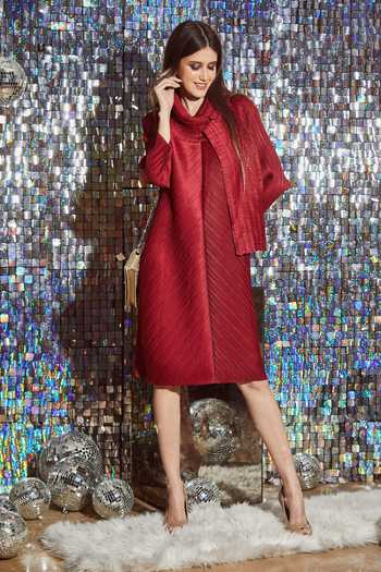 Tasuvure_Red Serena Pleated Scarf Dress_Online_at_Aza_Fashions