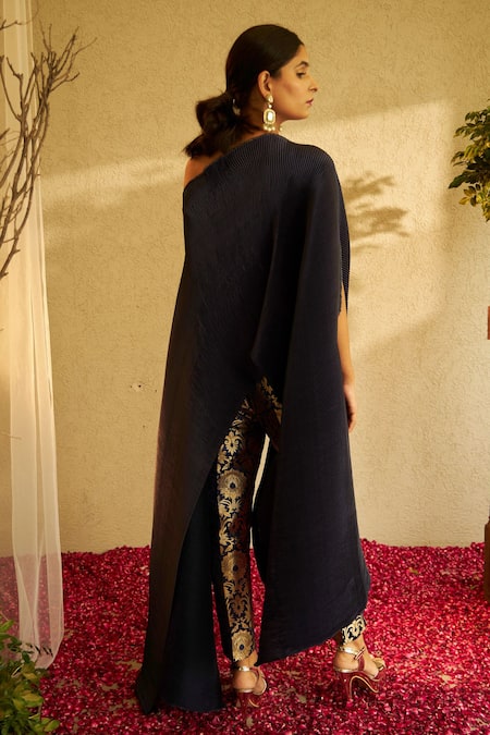 Tasuvure Indes_Blue Pleated Polyester, Lining Shantoon Floral Cape And Brocade Pant Set _Online_at_Aza_Fashions