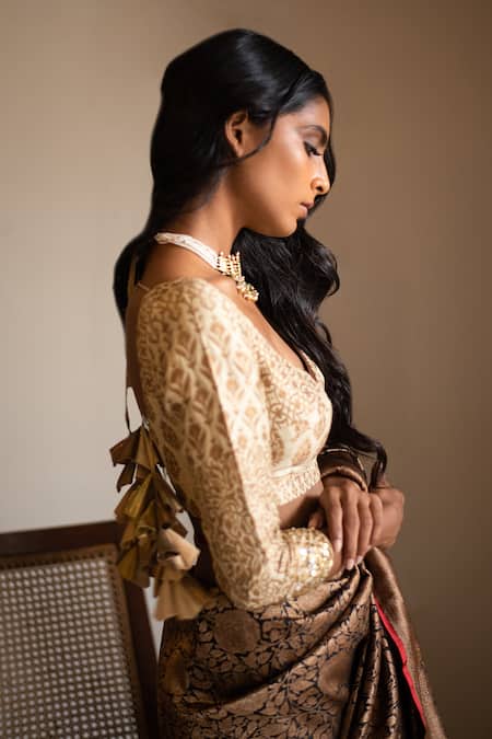 Priyanka Raajiv White Silk Brocade Floral, Sequin Leaf Neck Taya Blouse Online at Aza Fashions Priyanka Raajiv_White Silk Brocade Floral, Sequin Leaf Neck Taya Blouse_Online_at_Aza_Fashions