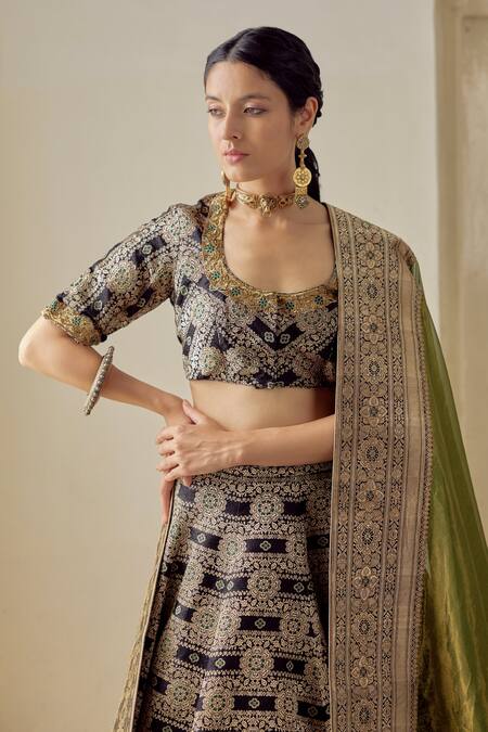 Mimamsaa_Black Woven Floral Scoop Neck Tayna Satin Silk Brocade Lehenga Set_Online_at_Aza_Fashions
