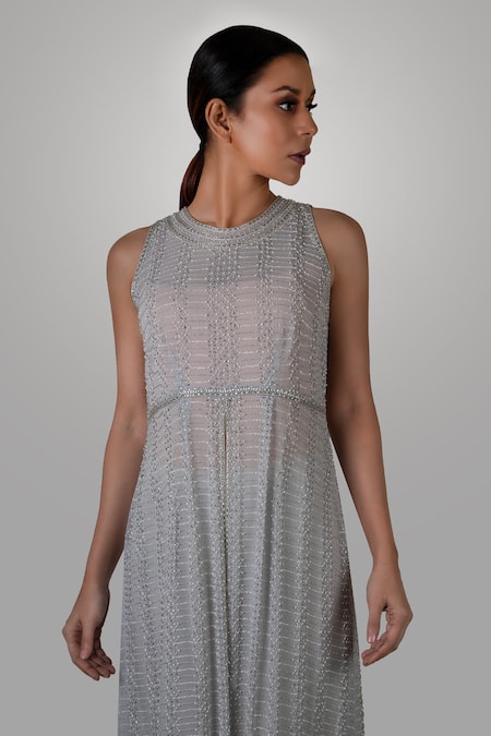 Kavita D_Grey Pure Silk Georgette Round Embroidered Tunic _Online_at_Aza_Fashions