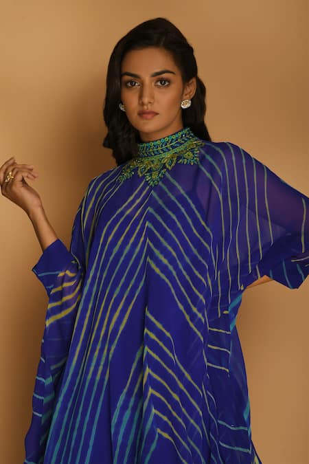 K-Anshika_Blue Georgette Mandarin Collar Printed Kaftan And Palazzo Set _Online_at_Aza_Fashions