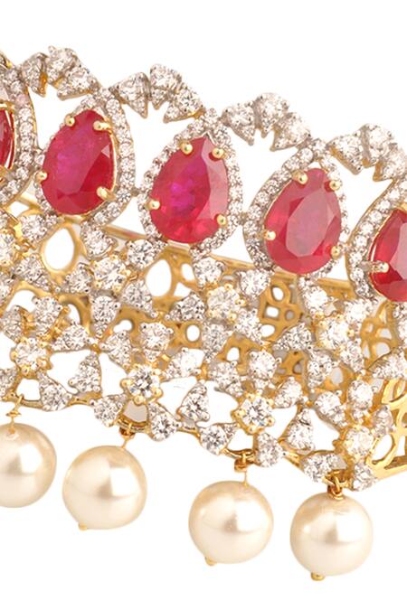 Tsara_Gold Plated Cutwork Stone Bead Drop Bangle_Online_at_Aza_Fashions