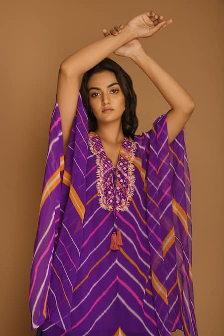 K-Anshika_Purple Georgette V Neck Printed Kaftan And Palazzo Set _Online_at_Aza_Fashions