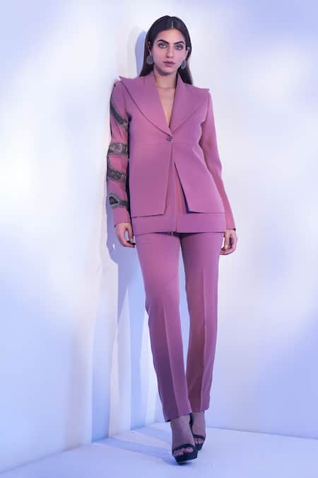 Tabeer India_Purple Snake Embroidery Wide Notched Lapel Embellished Sleeved Blazer And Pant Set _Online_at_Aza_Fashions