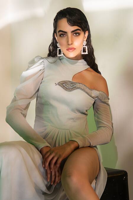 Tabeer India_Blue Chinnon Snake Embroidery Round Shoulder Cut-out Embellished Sleeved Gown _Online_at_Aza_Fashions