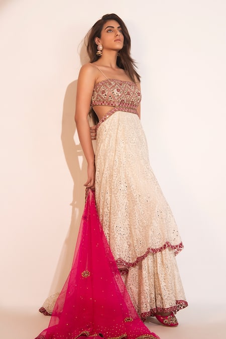 Tabeer India Off White Dupatta Net Mirror And Thread Square Neck Work Anarkali With Online at Aza Fashions Tabeer India_Off White Dupatta Net Mirror And Thread Square Neck Work Anarkali With _Online_at_Aza_Fashions