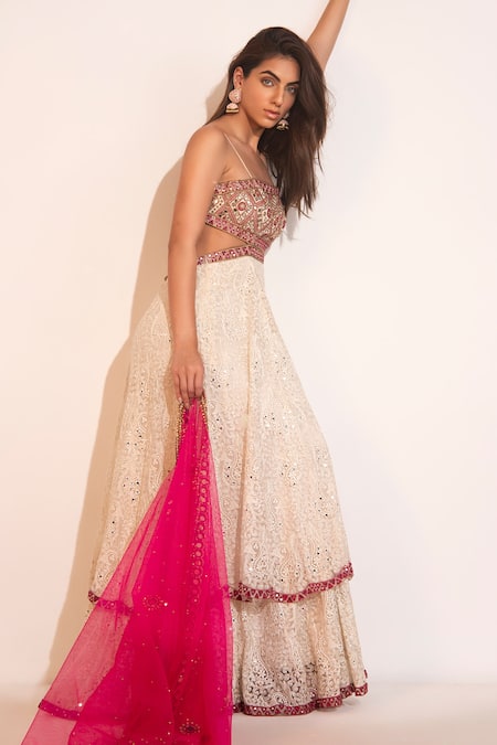 Shop Tabeer India Off White Dupatta Net Mirror And Thread Square Neck Work Anarkali With Online at Aza Fashions Shop_Tabeer India_Off White Dupatta Net Mirror And Thread Square Neck Work Anarkali With _Online_at_Aza_Fashions