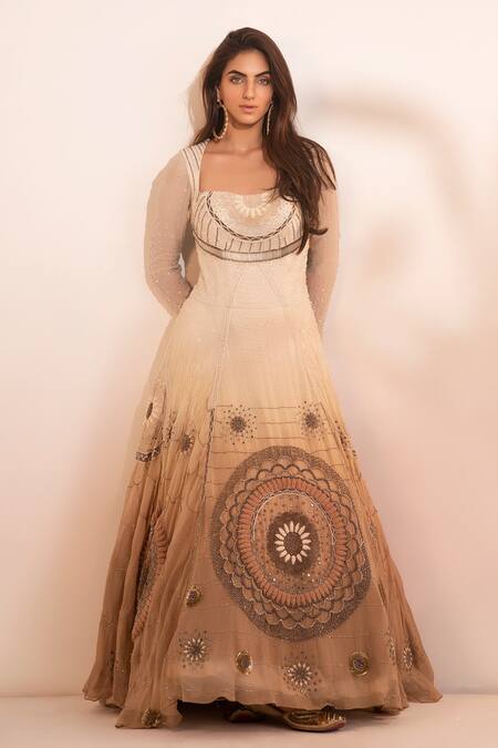 Buy_Tabeer India_Off White Georgette Mirror, Thread, Beads Sweetheart Neck Embellished Gown _Online_at_Aza_Fashions