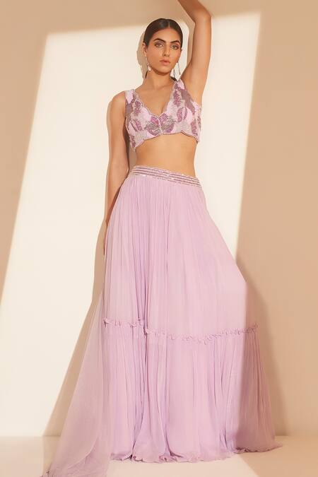 Shop Tabeer India Purple Chinnon Cutdana, Sequins Plunge V Tiered Lehenga Set Online at Aza Fashions Shop_Tabeer India_Purple Chinnon Cutdana, Sequins Plunge V Tiered Lehenga Set _Online_at_Aza_Fashions