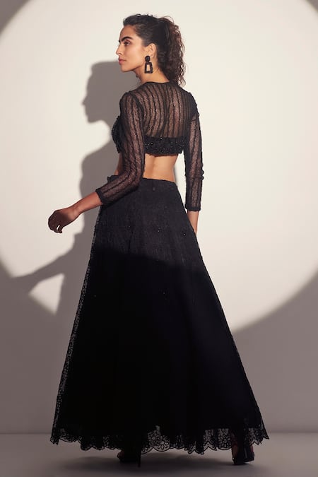 Shop Tabeer India Black Textured Net Beads Round Embroidered Bustier And Lehenga Set at Aza Fashions Shop_Tabeer India_Black Textured Net Beads Round Embroidered Bustier And Lehenga Set _at_Aza_Fashions