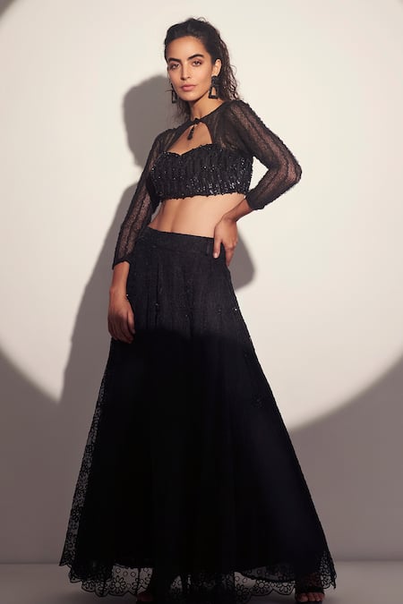 Tabeer India Black Textured Net Beads Round Embroidered Bustier And Lehenga Set Online at Aza Fashions Tabeer India_Black Textured Net Beads Round Embroidered Bustier And Lehenga Set _Online_at_Aza_Fashions