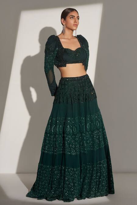 Tabeer India_Black Georgette Gota, Thread Sweetheart Neck Embroidered Lehenga And Blouse Set _Online_at_Aza_Fashions