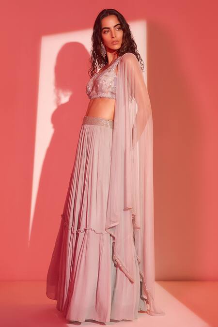 Tabeer India_Blue Chinnon Cutdana, Sequins One Shoulder Tiered Lehenga Set _Online_at_Aza_Fashions