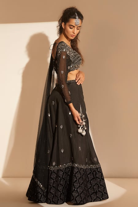 Tabeer India_Black Silk Beads Sweetheart Neck Embroidered Lehenga Set _Online_at_Aza_Fashions