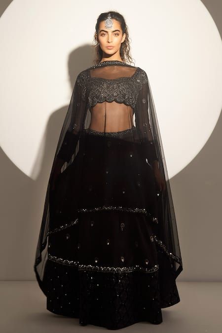 Buy_Tabeer India_Black Silk Beads Sweetheart Neck Embroidered Lehenga Set _Online_at_Aza_Fashions