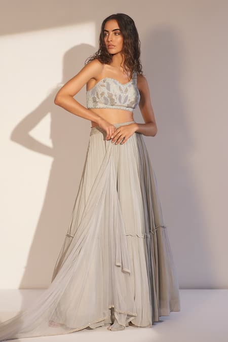 Shop_Tabeer India_Blue Chinnon Cutdana, Sequins One Shoulder Tiered Lehenga Set _Online_at_Aza_Fashions