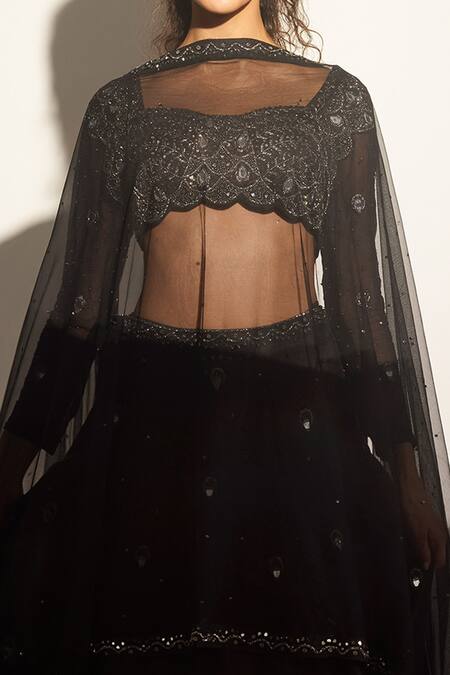 Shop_Tabeer India_Black Silk Beads Sweetheart Neck Embroidered Lehenga Set _Online_at_Aza_Fashions