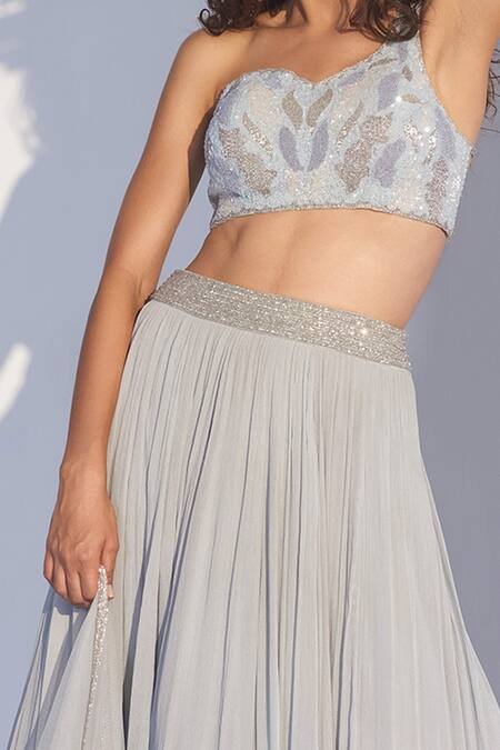 Tabeer India_Blue Chinnon Cutdana, Sequins One Shoulder Tiered Lehenga Set _at_Aza_Fashions