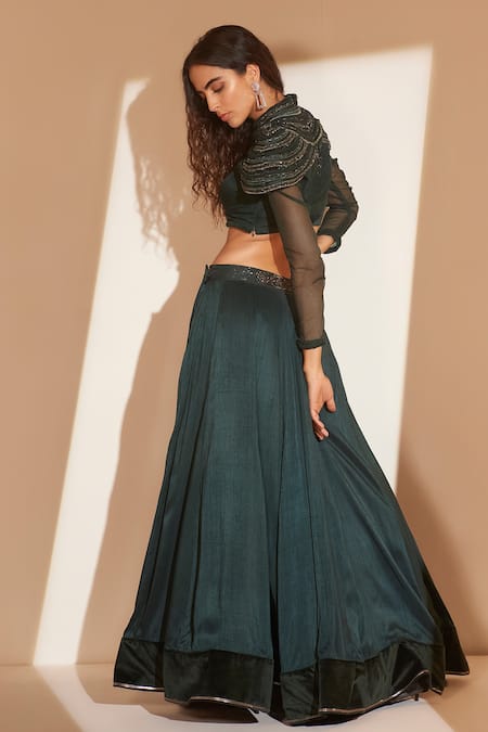 Shop Tabeer India Green Blouse Organza, Lehenga Silk Beads Round Embroidered And Set at Aza Fashions Shop_Tabeer India_Green Blouse Organza, Lehenga Silk Beads Round Embroidered And Set _at_Aza_Fashions
