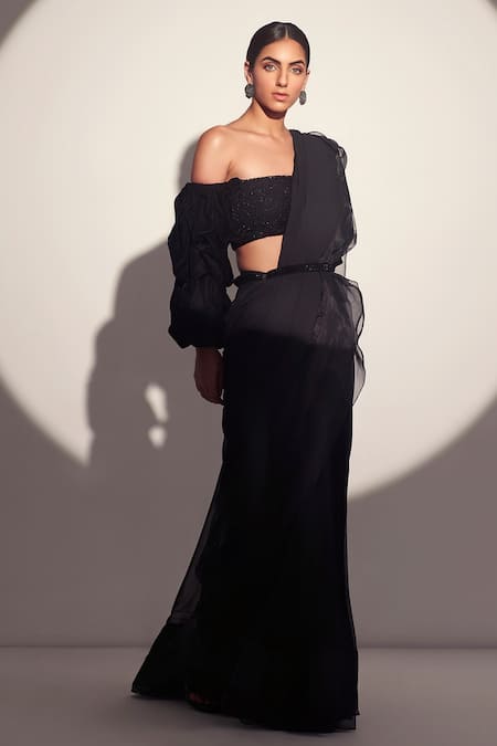 Shop Tabeer India Black Blouse Velvet, Saree Georgette Beads One Shoulder Pre-draped With at Aza Fashions Shop_Tabeer India_Black Blouse Velvet, Saree Georgette Beads One Shoulder Pre-draped With _at_Aza_Fashions
