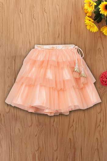 Tutus By Tutu_Peach Brocade, Cotton, Tulle Pearls, Embroidery Embellished Lehenga Set_Online_at_Aza_Fashions
