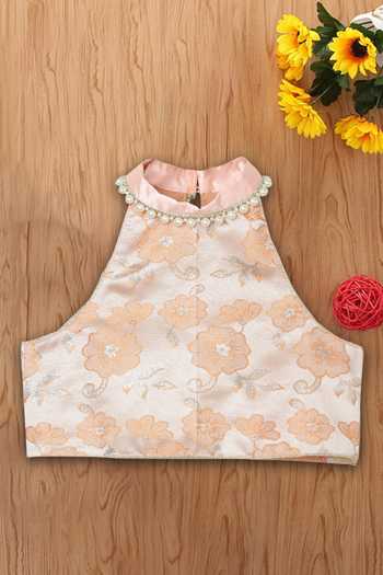 Buy_Tutus By Tutu_Peach Brocade, Cotton, Tulle Pearls, Embroidery Embellished Lehenga Set_Online_at_Aza_Fashions