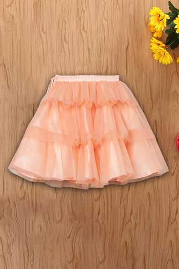 Shop_Tutus By Tutu_Peach Brocade, Cotton, Tulle Pearls, Embroidery Embellished Lehenga Set_Online_at_Aza_Fashions