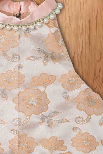 Tutus By Tutu_Peach Brocade, Cotton, Tulle Pearls, Embroidery Embellished Lehenga Set_at_Aza_Fashions