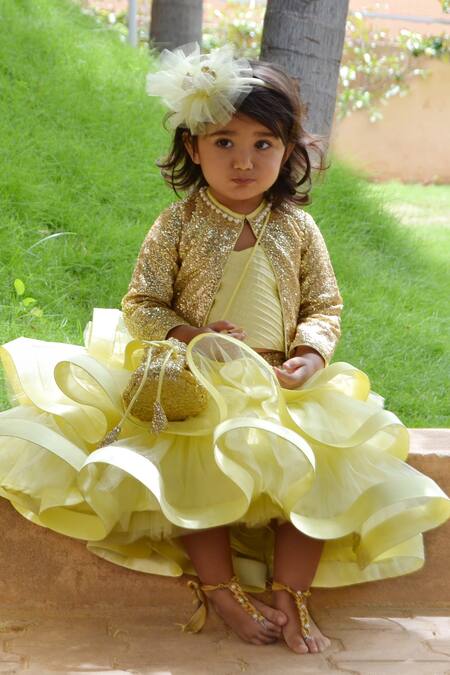 Buy_Tutus By Tutu_Yellow Crepe Satin Ruffle Lehenga Set With Jacket_Online_at_Aza_Fashions