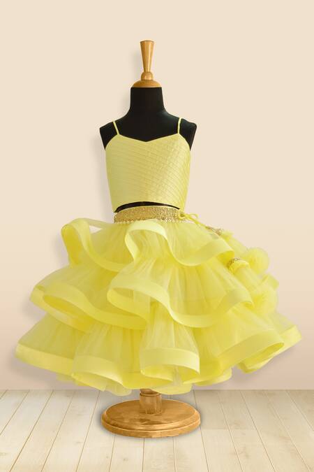 Tutus By Tutu_Yellow Crepe Satin Ruffle Lehenga Set With Jacket_Online_at_Aza_Fashions