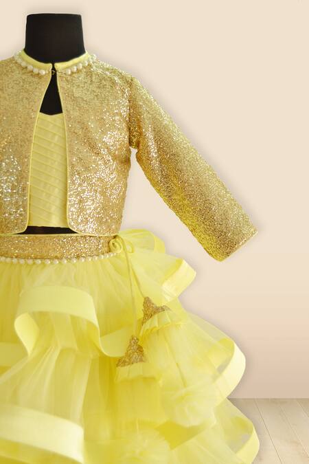 Shop_Tutus By Tutu_Yellow Crepe Satin Ruffle Lehenga Set With Jacket_Online_at_Aza_Fashions