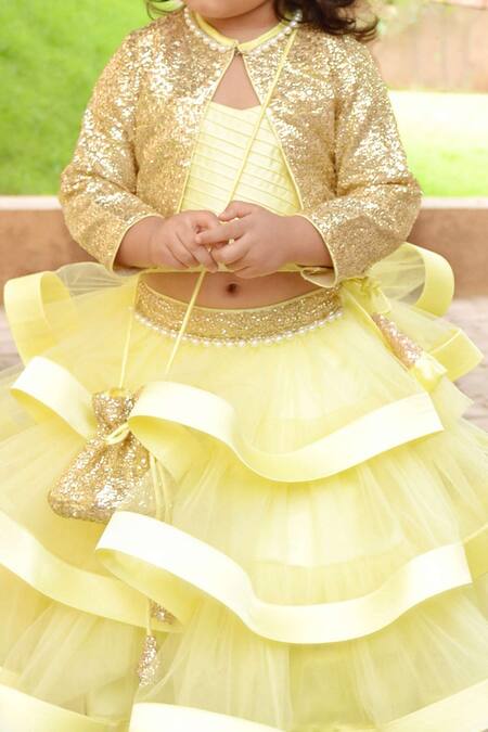 Tutus By Tutu_Yellow Crepe Satin Ruffle Lehenga Set With Jacket_at_Aza_Fashions