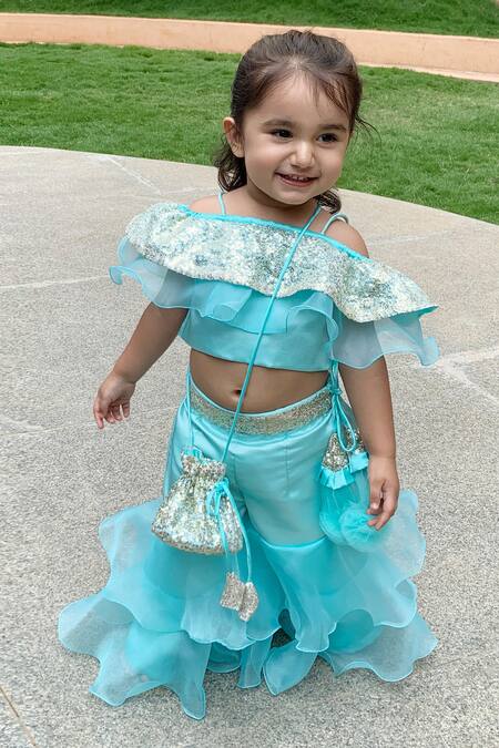 Buy_Tutus By Tutu_Blue Crepe Satin Embroidered Sequins Ruffle Sharara Set_Online_at_Aza_Fashions