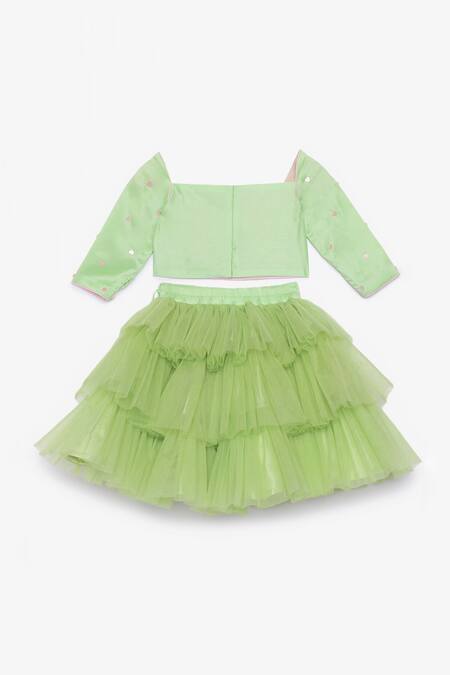 Tutus By Tutu Green Crepe, Cotton, Tulle Pom-poms, Layered Frill Lehenga And Blouse Set 2