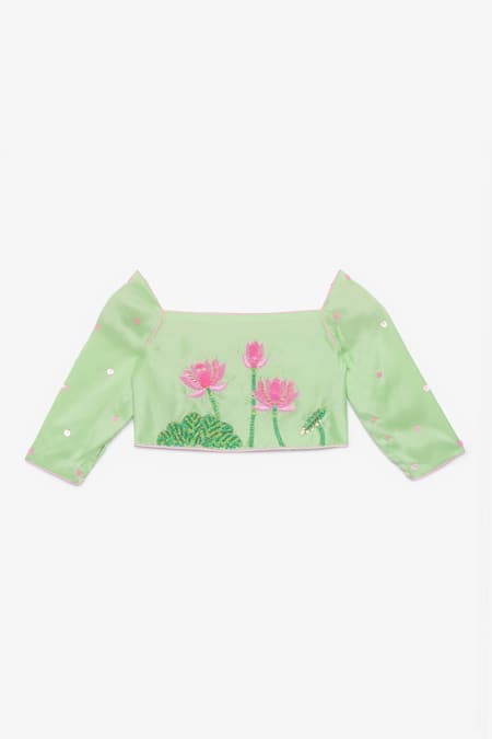 Tutus By Tutu Green Crepe, Cotton, Tulle Pom-poms, Layered Frill Lehenga And Blouse Set 3