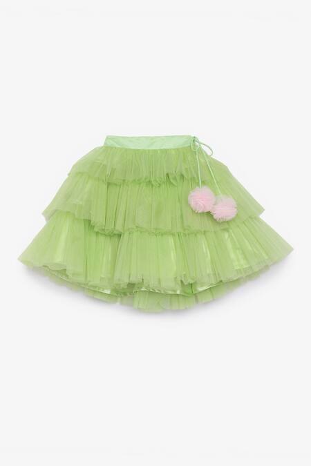 Tutus By Tutu Green Crepe, Cotton, Tulle Pom-poms, Layered Frill Lehenga And Blouse Set 4