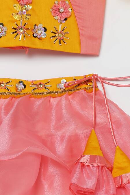 Tutus By Tutu_Peach Cotton, Organza Embroidery Layered Lehenga Set_at_Aza_Fashions