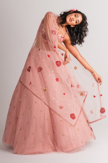 Taavare_Pink Raw Silk, Tulle Sweetheart Neck Embroidered Lehenga Set_Online_at_Aza_Fashions