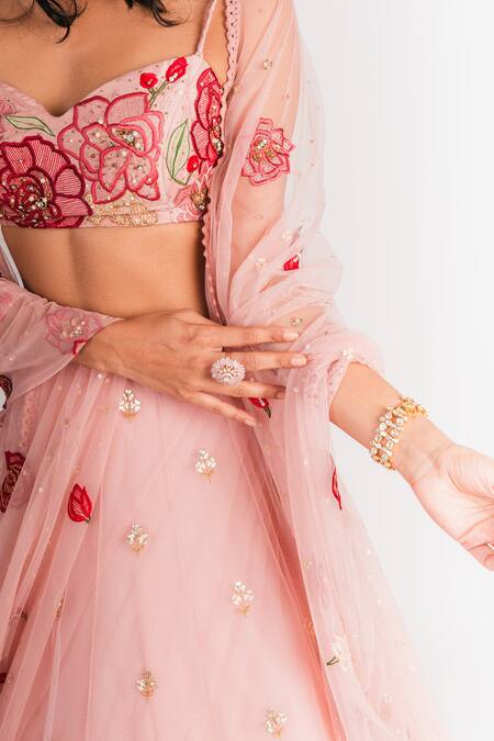 Shop_Taavare_Pink Raw Silk, Tulle Sweetheart Neck Embroidered Lehenga Set_Online_at_Aza_Fashions